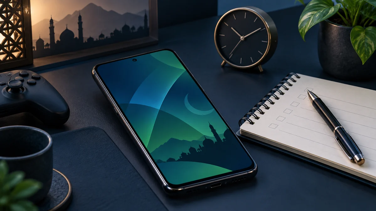 Smartphone, clock and notebook on a desk for planning gaming time